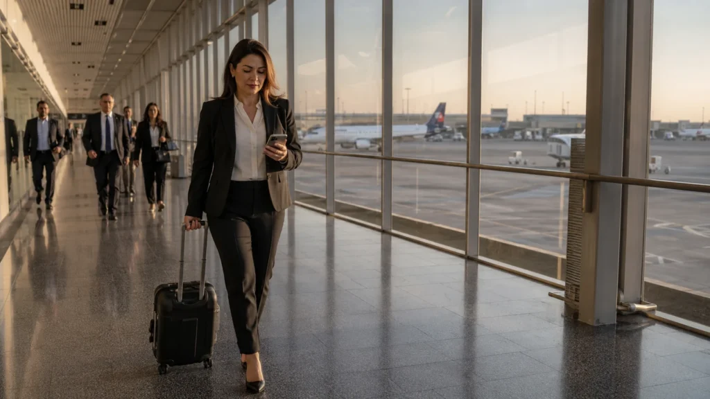 Profesional de operaciones en una terminal de aeropuerto revisando su itinerario en el teléfono, con maleta de cabina y aviones al fondo.