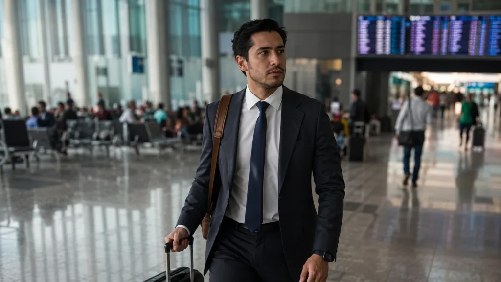 Viajero de negocios con maleta en una terminal de aeropuerto, gestionado por una agencia de viajes corporativos