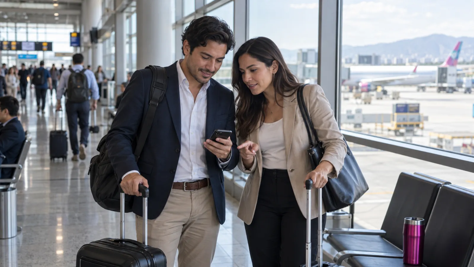 Dos profesionales con equipaje de mano revisan su itinerario en una terminal de aeropuerto.