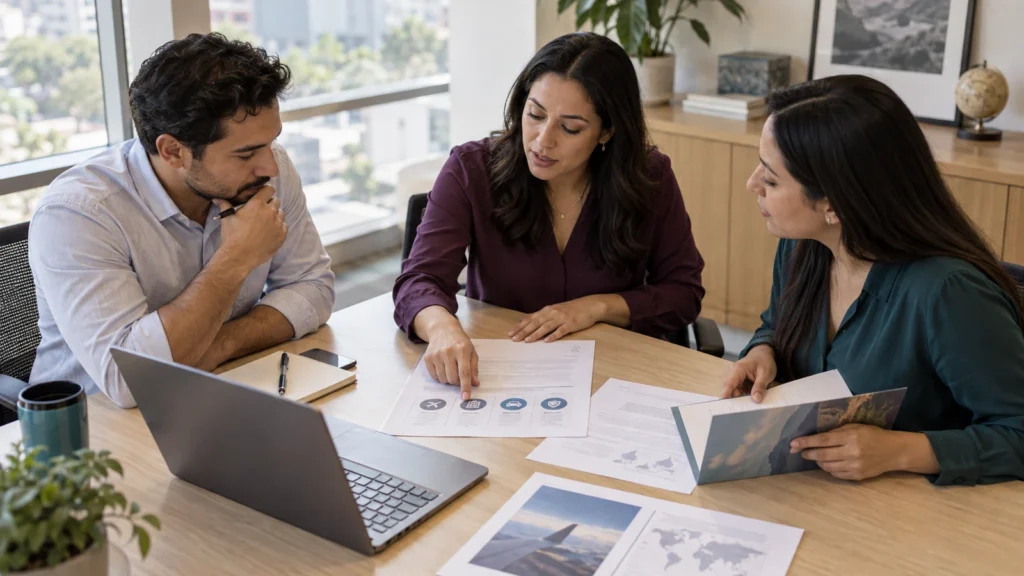 Equipo de una empresa revisando documentos y reglas para organizar sus viajes corporativos.