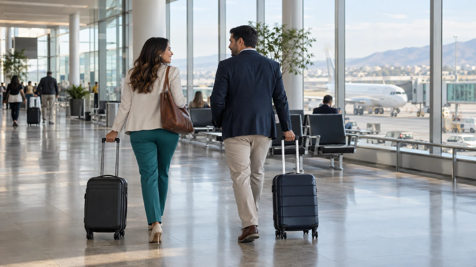 Dos profesionales con equipaje de mano recorriendo una terminal de aeropuerto durante un viaje de trabajo.